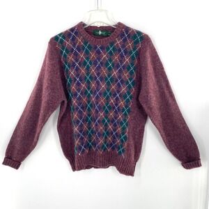 Vintage Hunt Club Men's Argyle Shetland‎ Wool Sweater Crew Neck Burgundy Large